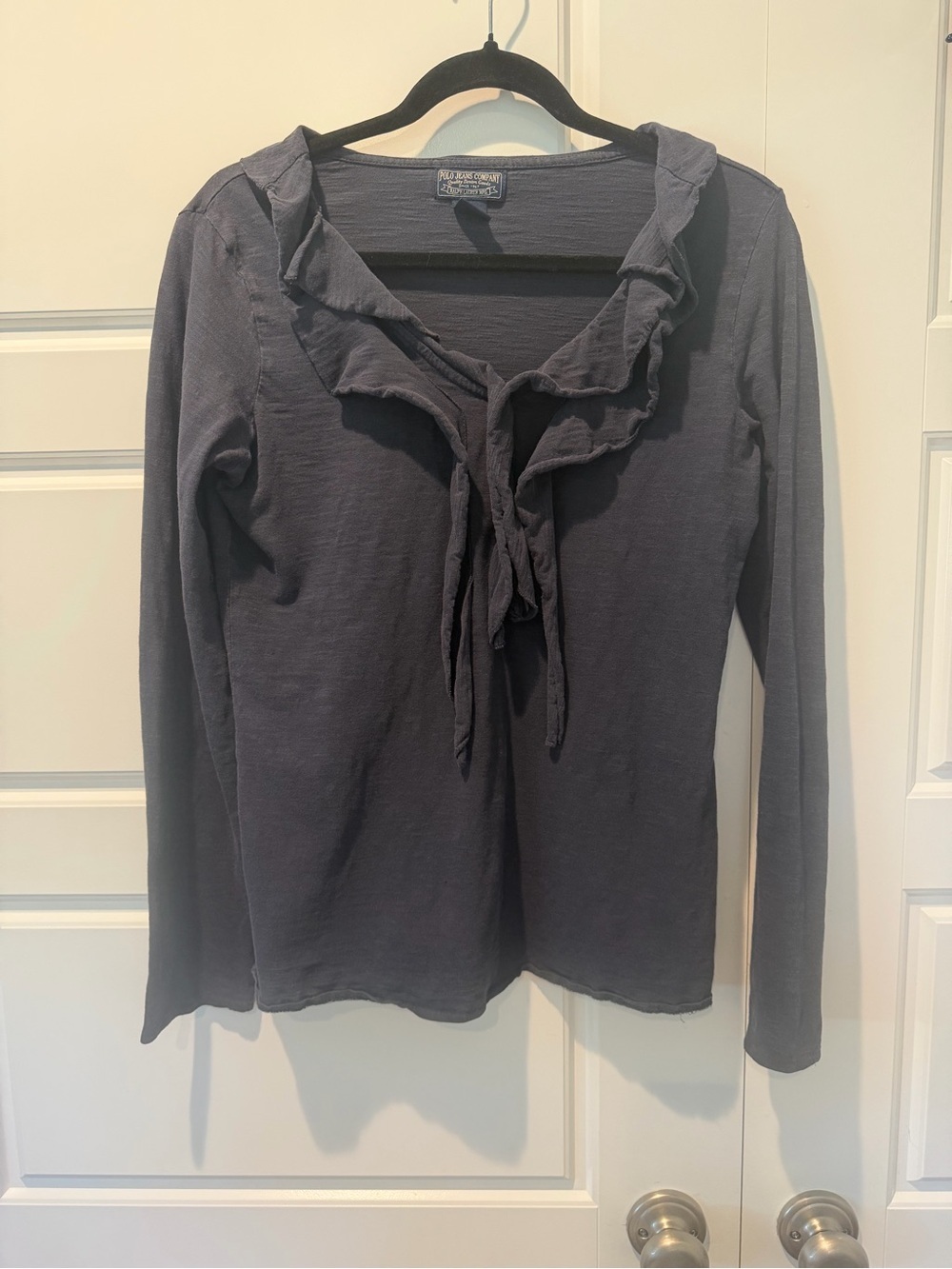 Polo Jeans Company Ralph Lauren Navy Blue Ruffle Front Long Sleeve Shirt Medium